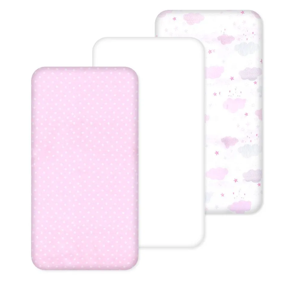 100% Cotton Fitted Cradle/Pram Sheets - 3 Pack Pink - Made In Portugal