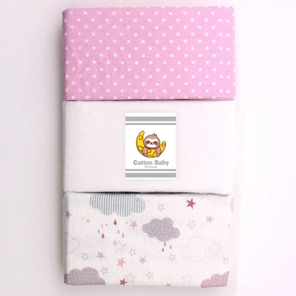 100% Cotton Fitted Cradle/Pram Sheets - 3 Pack Pink - Made In Portugal