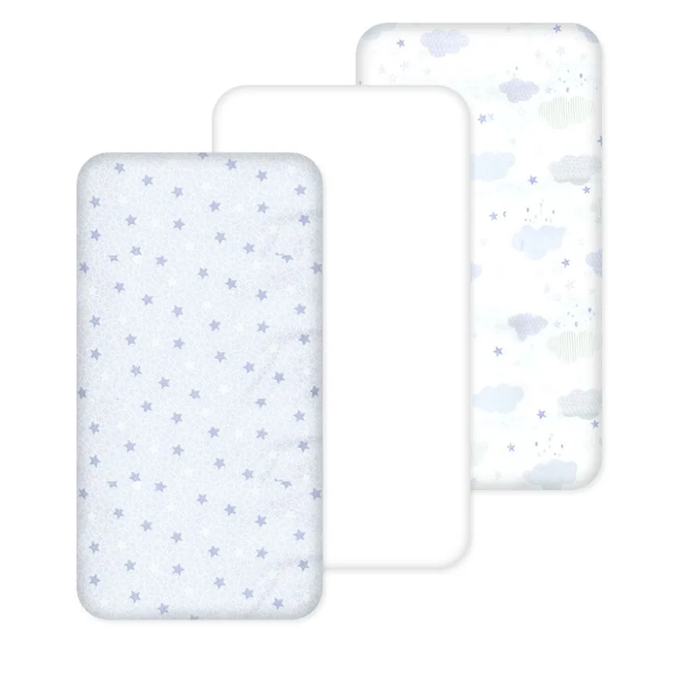 100% Cotton Fitted Cradle/Pram Sheets - 3 Pack Blue - Made In Portugal