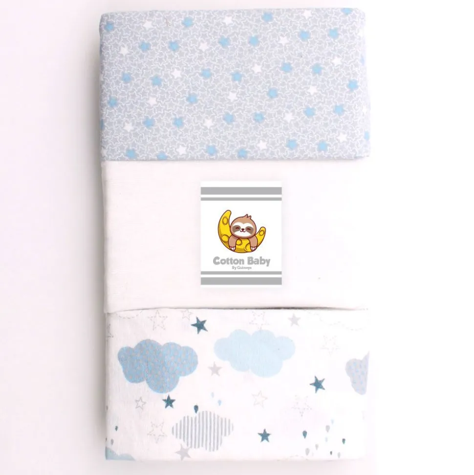 100% Cotton Fitted Cradle/Pram Sheets - 3 Pack Blue - Made In Portugal
