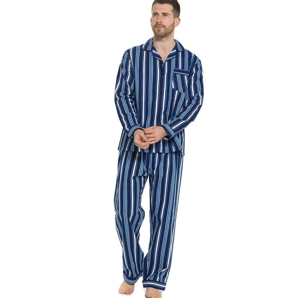 100% Cotton Flannelette Outsize Pyjamas Navy Stripe