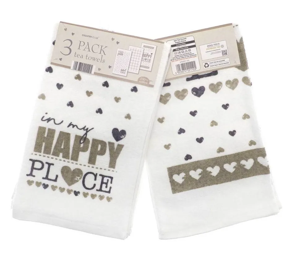 3 Pack Tea Towels Happy Place by Country Club