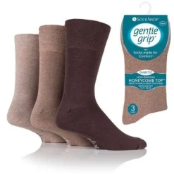 3 Pairs Men's Big Foot Diabetic Socks Brown Gentle Grip UK 12-14