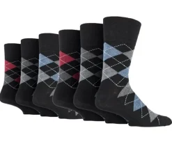 3 Pairs Men's Bigfoot Cotton Socks Argyle Black Gentle Grip (UK 12-14)