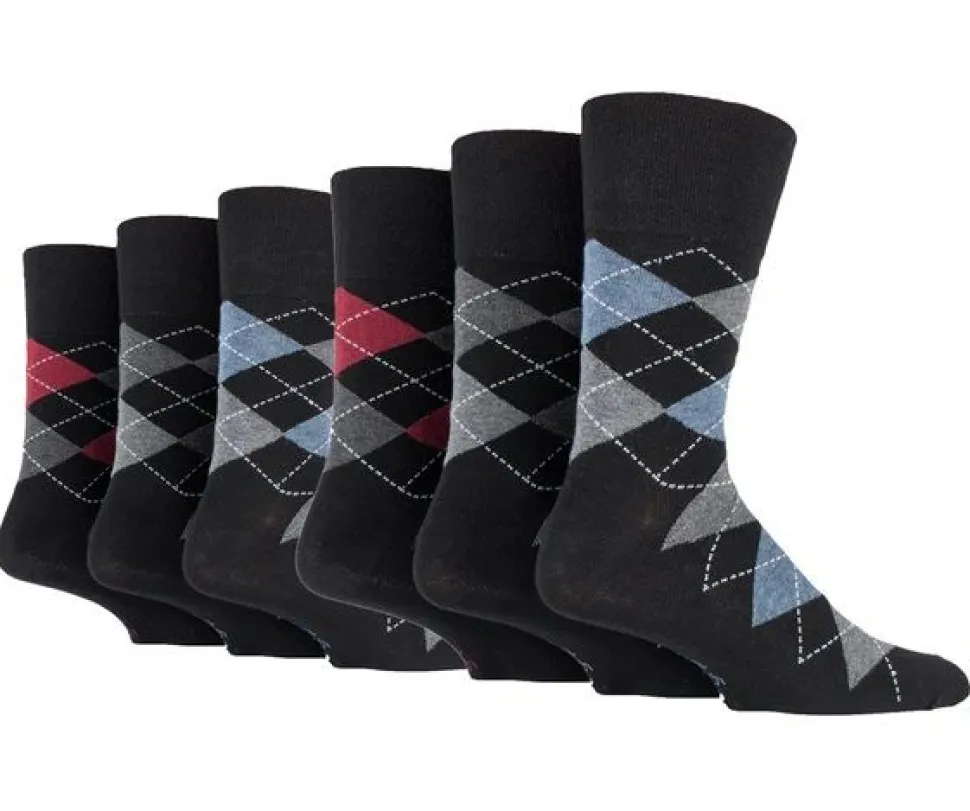 3 Pairs Men's Bigfoot Cotton Socks Argyle Black Gentle Grip (UK 12-14)