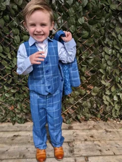5 Piece Boys Blue Check Suit