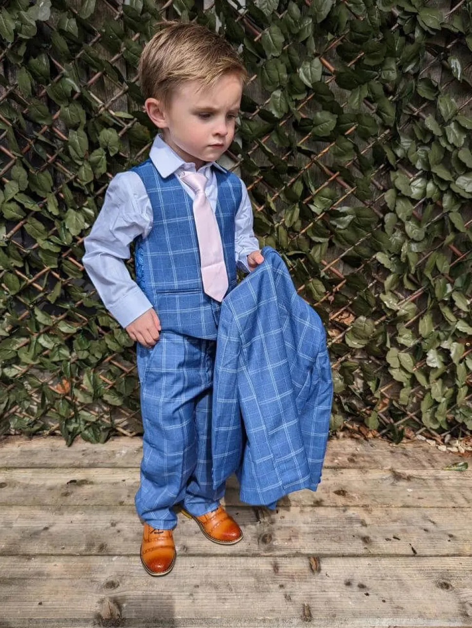 5 Piece Boys Blue Check Suit