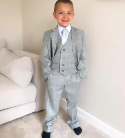 5 Piece Boys Light Grey Blue Check Suit