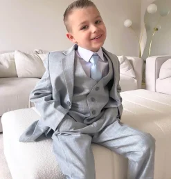 5 Piece Boys Light Grey Blue Check Suit