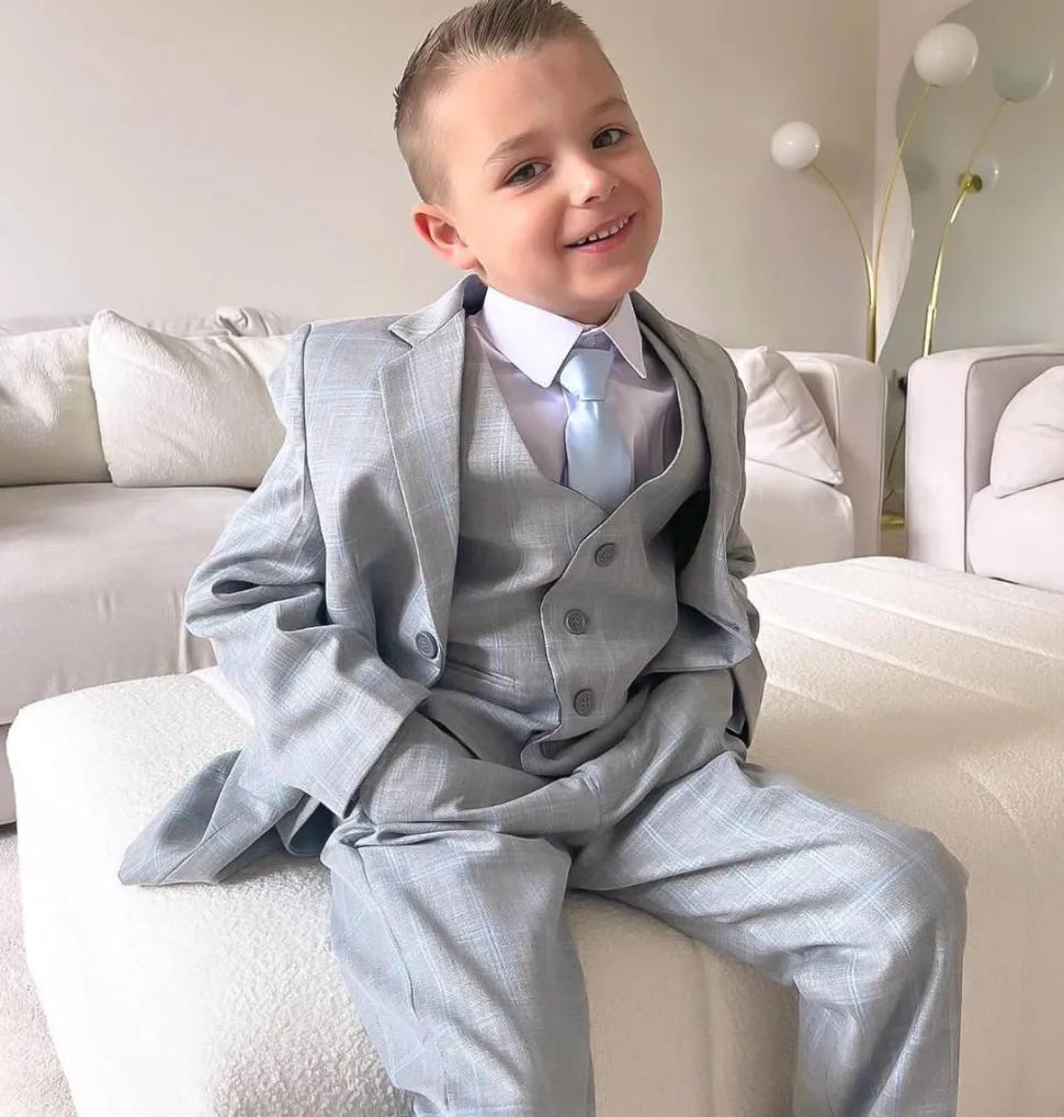5 Piece Boys Light Grey Blue Check Suit
