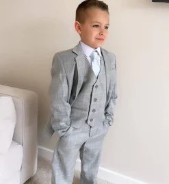 5 Piece Boys Light Grey Blue Check Suit