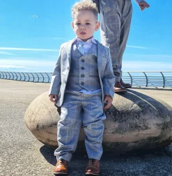 5 Piece Boys Light Grey Blue Check Suit