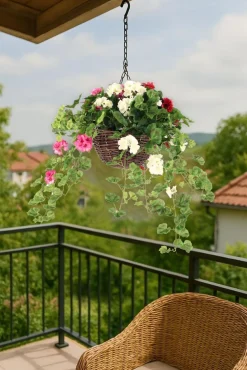 Artificial Geranium in 12'' Hanging Basket