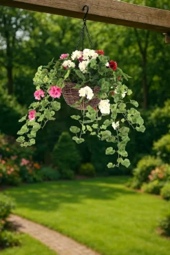 Artificial Geranium in 12'' Hanging Basket