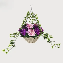 Artificial Hanging Basket Flower Hydrangea Light Purple 12"