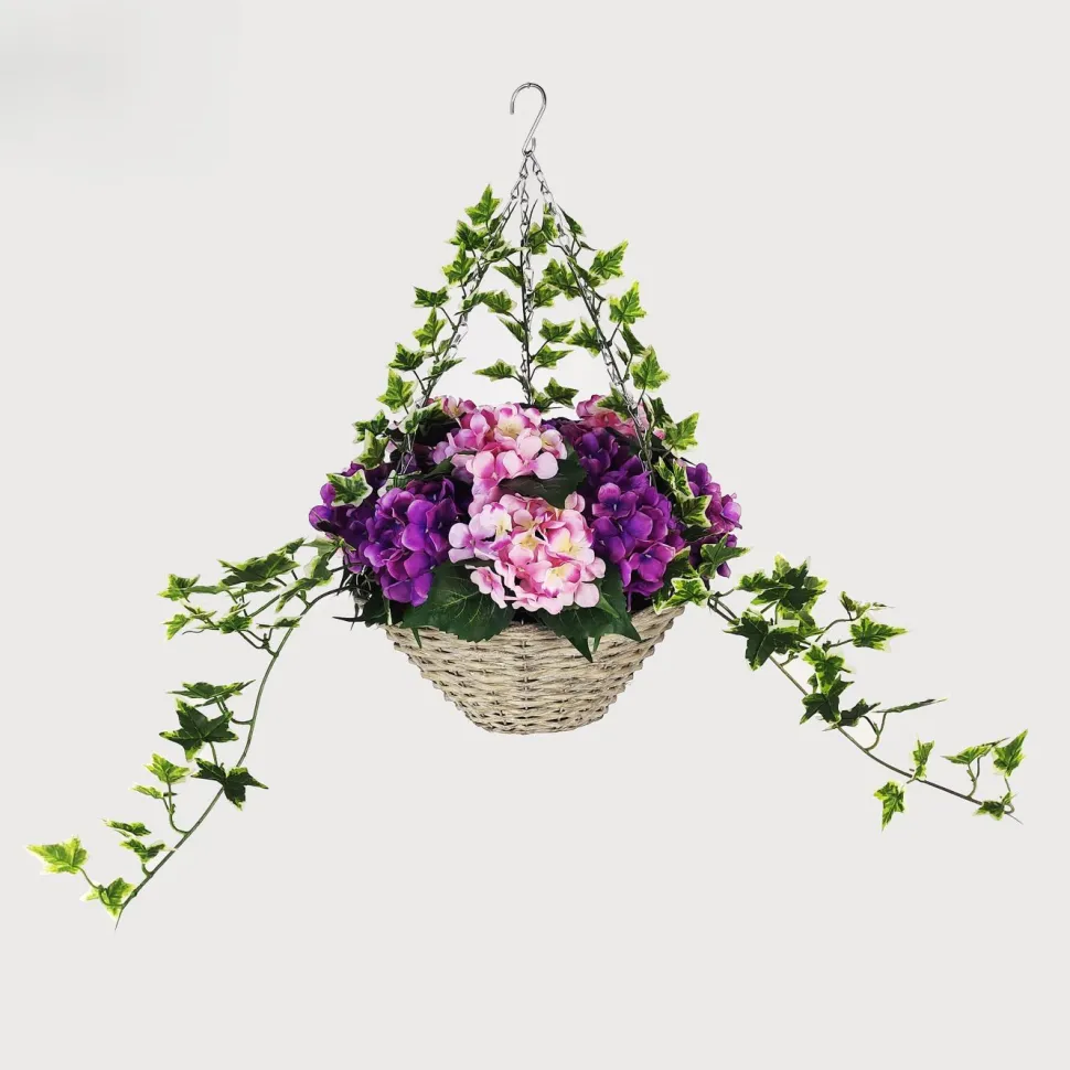 Artificial Hanging Basket Flower Hydrangea Light Purple 12"