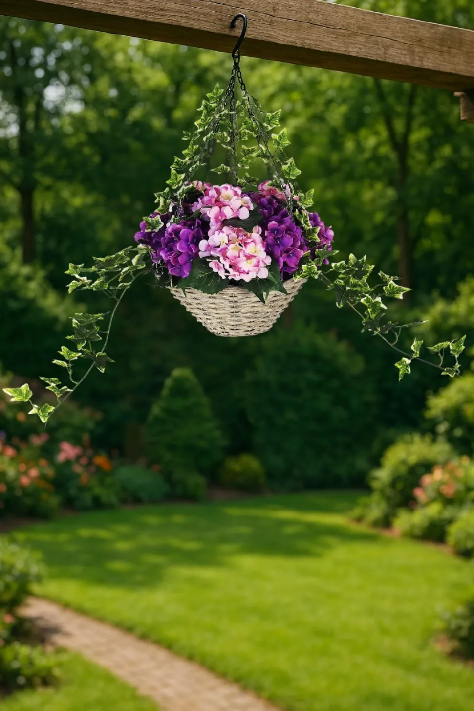 Artificial Hanging Basket Flower Hydrangea Light Purple 12"