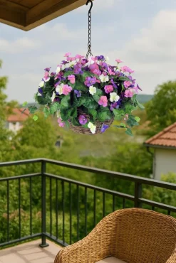Artificial Hanging Basket Flower Arrangement Pansy Medium