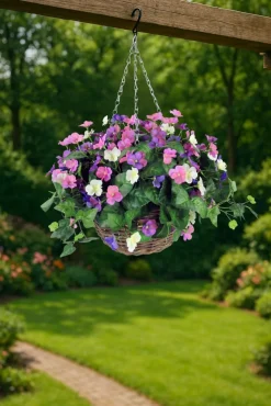 Artificial Hanging Basket Flower Arrangement Pansy Medium