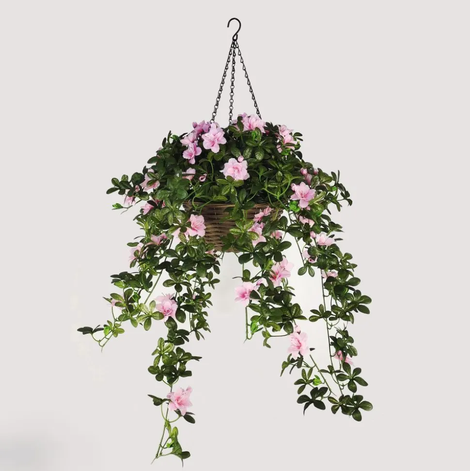 Artificial Hanging Basket Flower Arrangement Azalea Rose Pink 12"