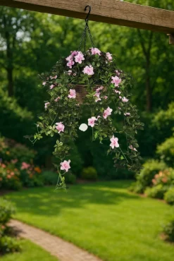 Artificial Hanging Basket Flower Arrangement Azalea Rose Pink 12