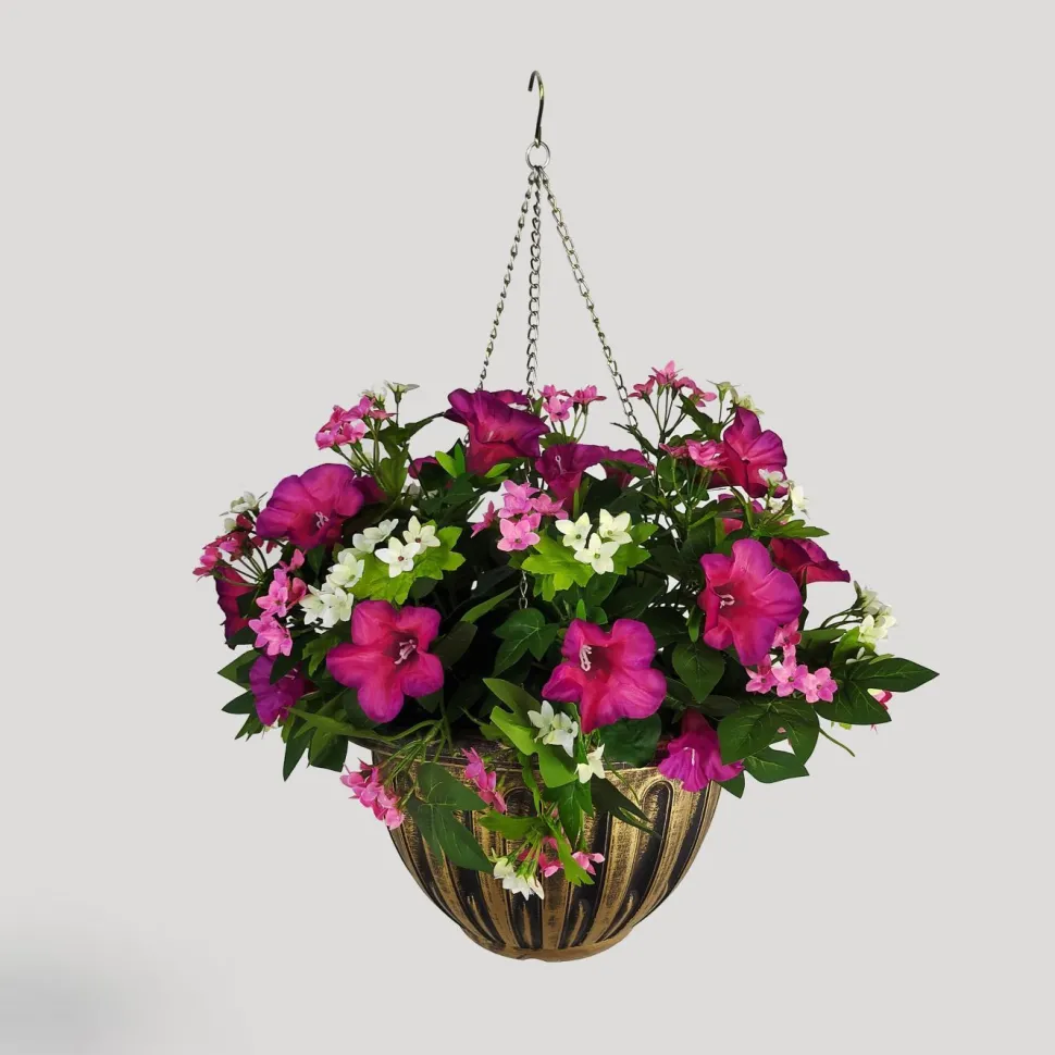 Artificial Hanging Basket Flower Petunia Pink 10''