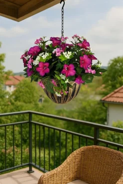 Artificial Hanging Basket Flower Petunia Pink 10''