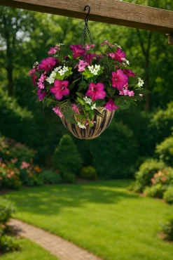 Artificial Hanging Basket Flower Petunia Pink 10''