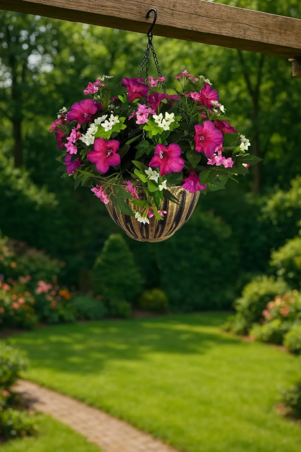 Artificial Hanging Basket Flower Petunia Pink 10''