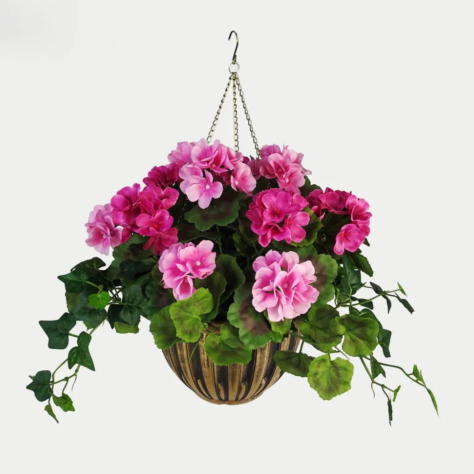 Artificial Hanging Basket Flower Geranium Pink 10''