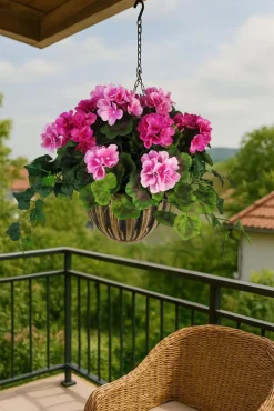 Artificial Hanging Basket Flower Geranium Pink 10''