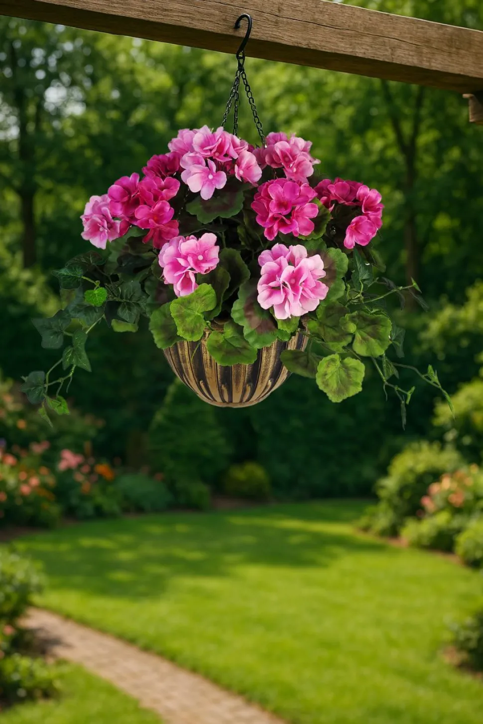 Artificial Hanging Basket Flower Geranium Pink 10''