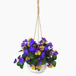 Artificial Hanging Basket Flower Arrangement with White Pot Purple