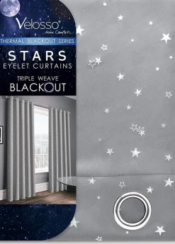 Blackout Curtains Eyelet Stars Grey