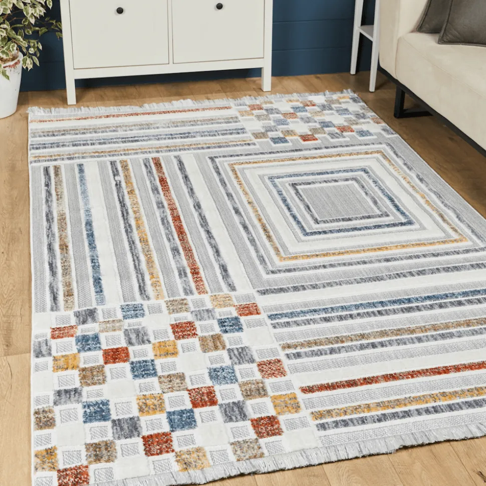Boho Geometric Squares & Stripes Rug