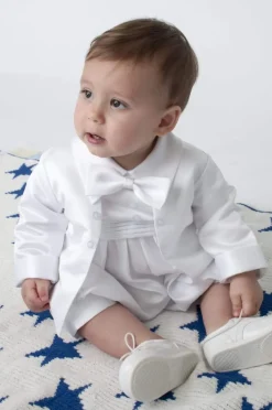 Boys Plain Christening Romper White