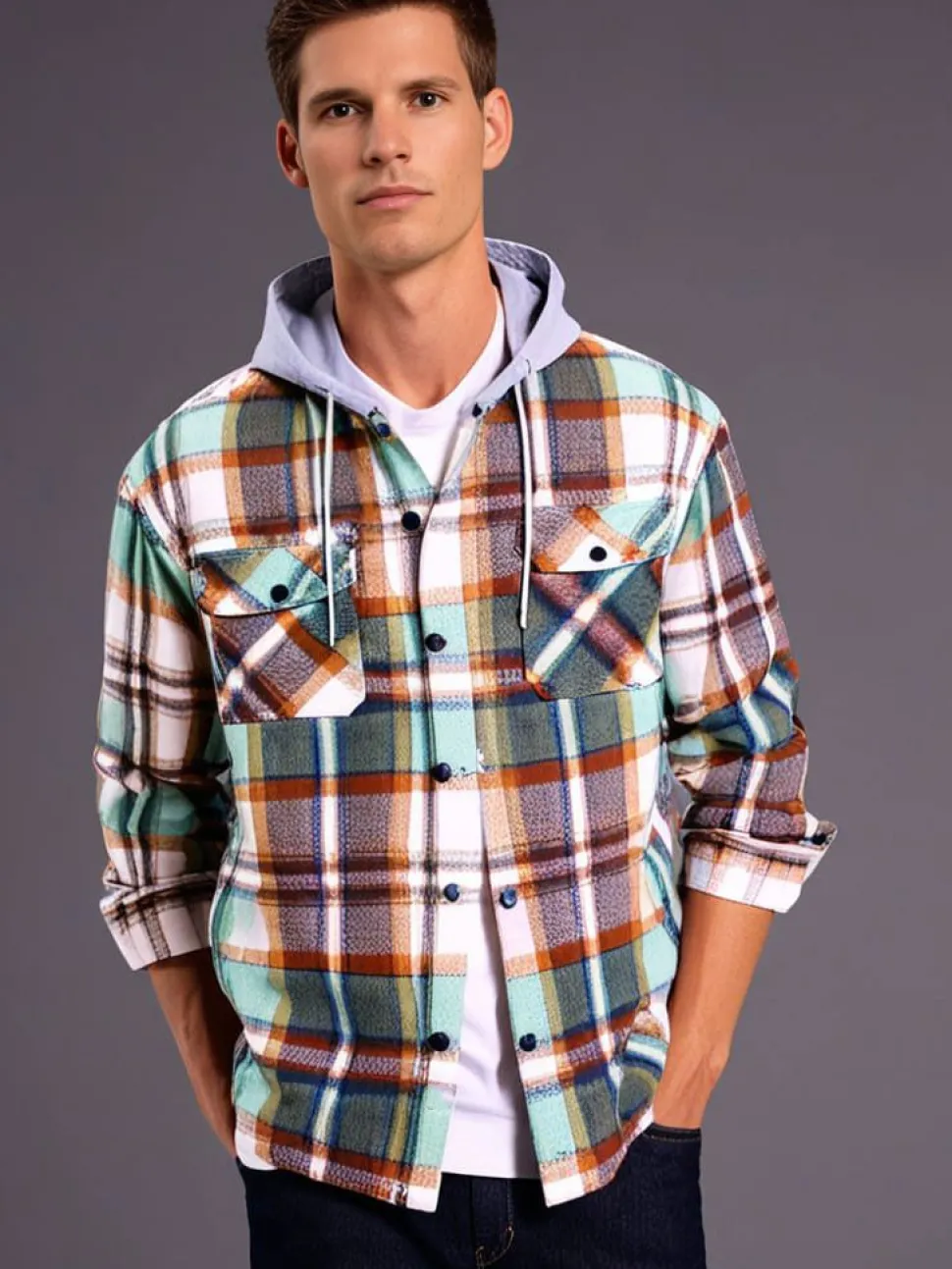 Check Fleece Men's Hooded Shirt Green