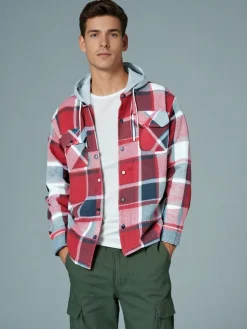 Check Men's Fleece Hooded Shirt Wine