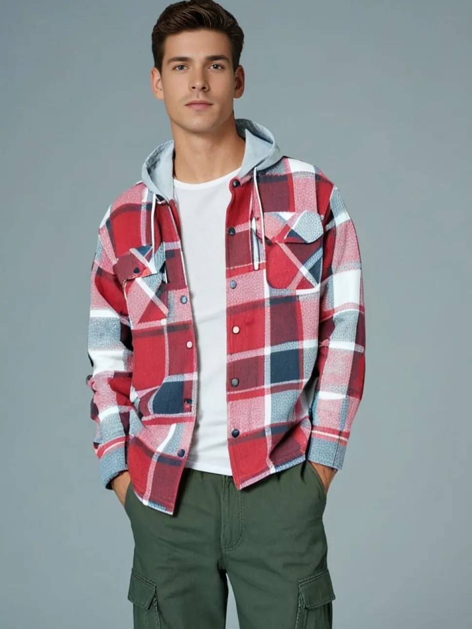Check Men's Fleece Hooded Shirt Wine