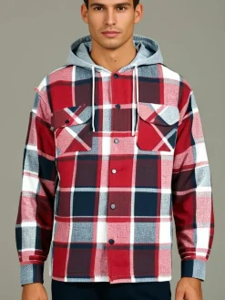 Check Men's Fleece Hooded Shirt Wine