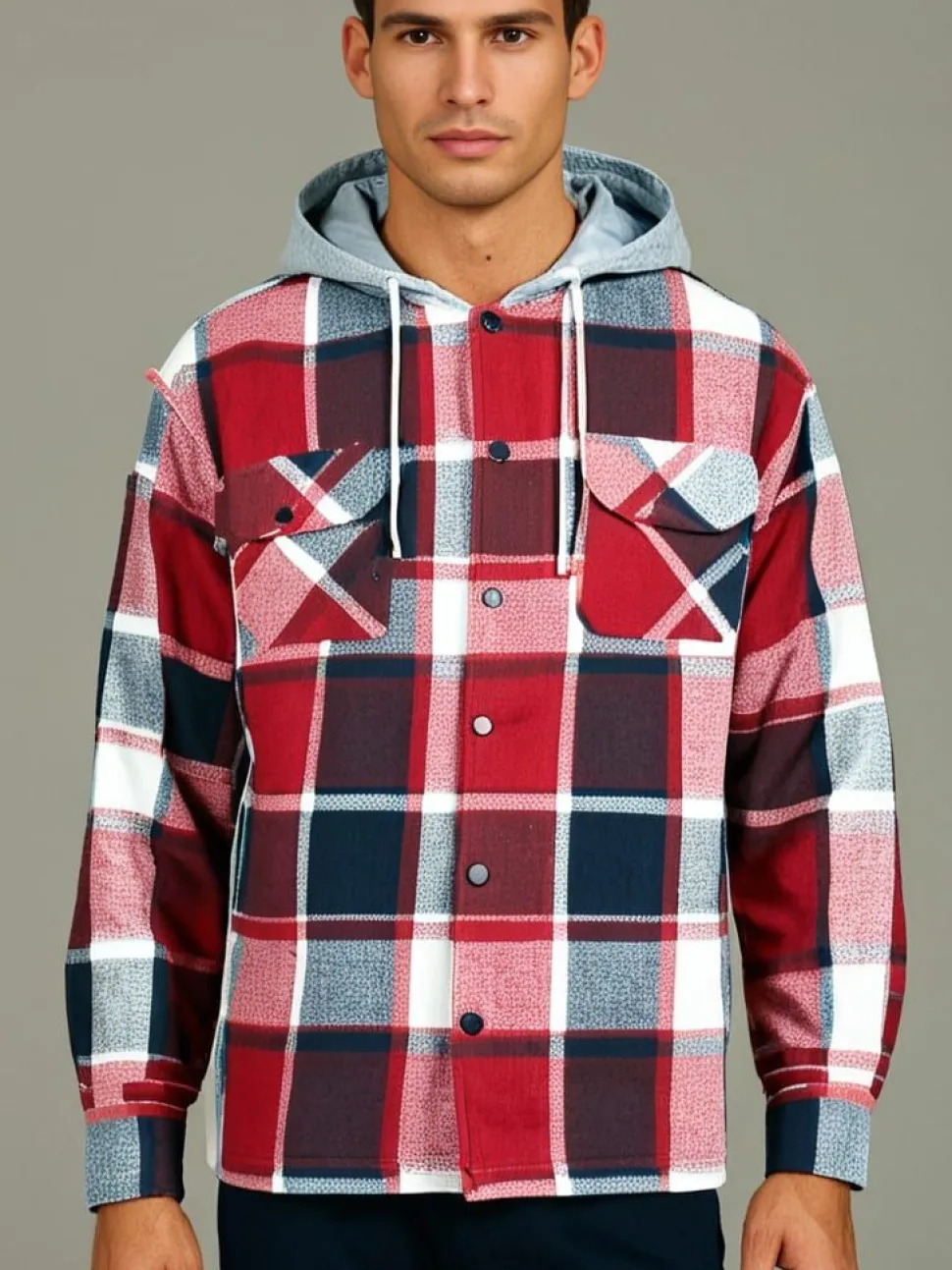 Check Men's Fleece Hooded Shirt Wine