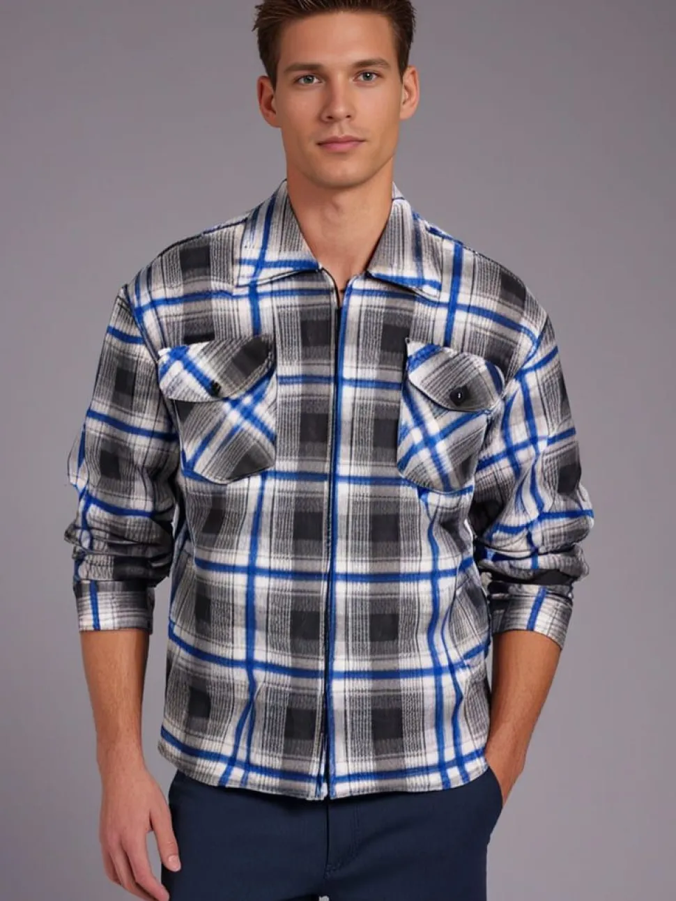 Check Men's Fleece Zip Shirt Grey