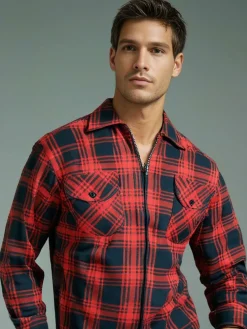Check Men's Fleece Zip Shirt Red