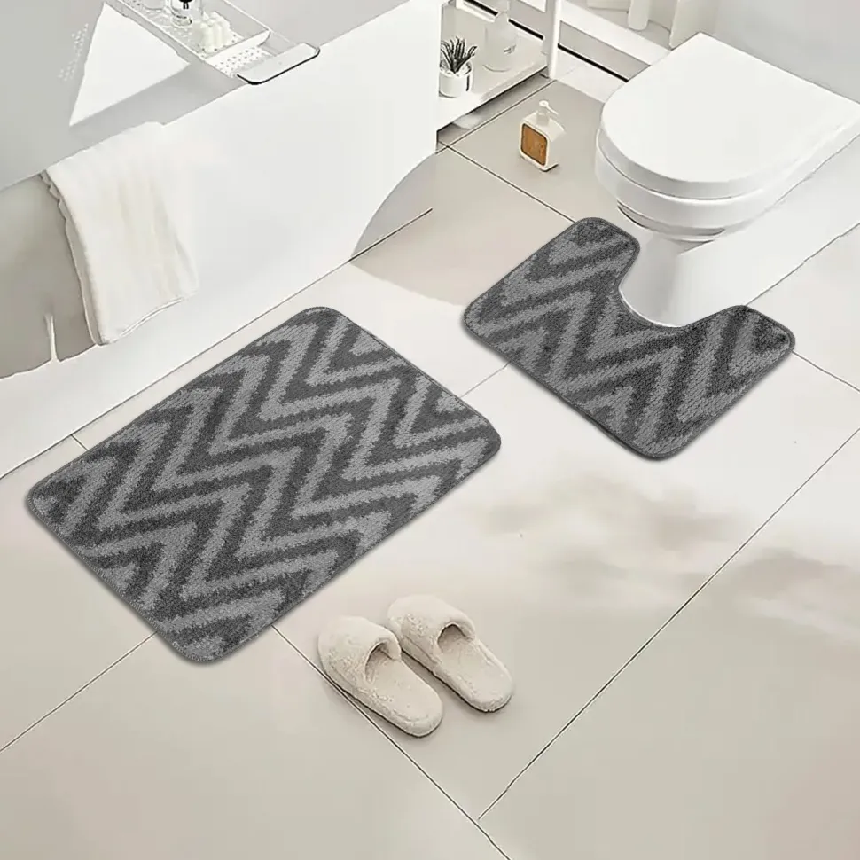 Chevron Stripe Bath Mat Set Grey