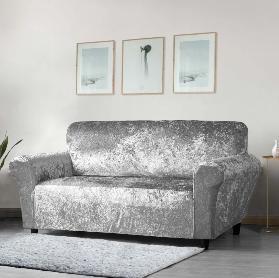 Crushed Velvet Stretch Sofa Cover Silver