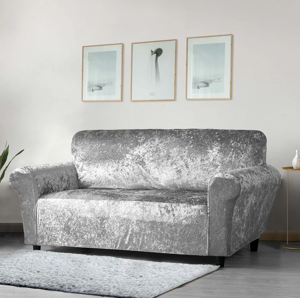 Crushed Velvet Stretch Sofa Cover Silver