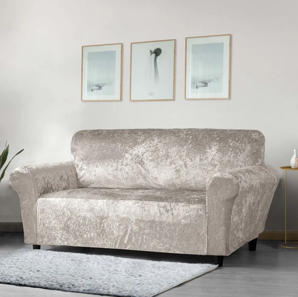 Crushed Velvet Stretch Sofa Cover Natural