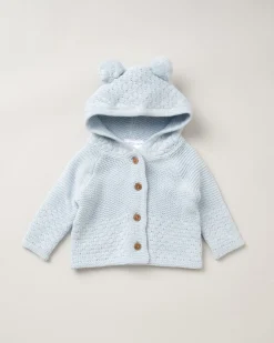 Double Knit Hooded Pom Pom Baby Cardigan - Blue