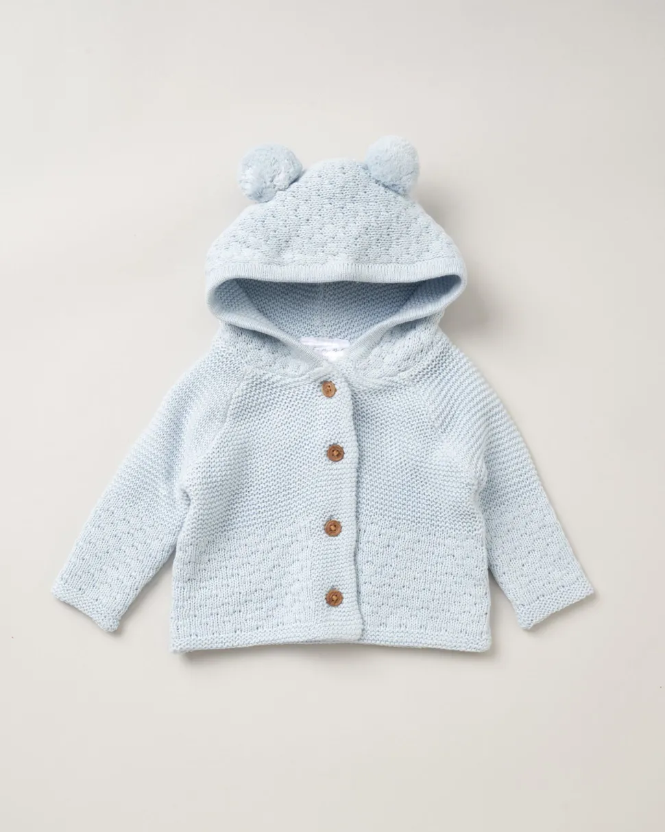 Double Knit Hooded Pom Pom Baby Cardigan - Blue