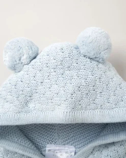 Double Knit Hooded Pom Pom Baby Cardigan - Blue